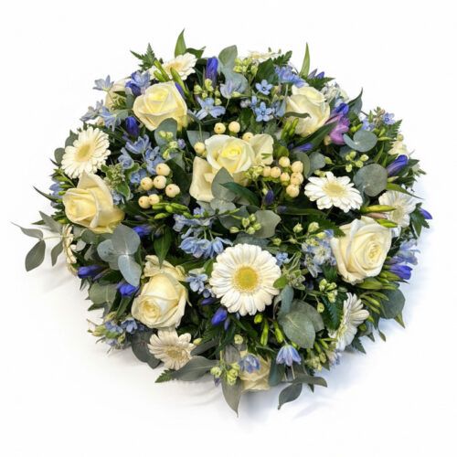 blue funeral flowers posy pad